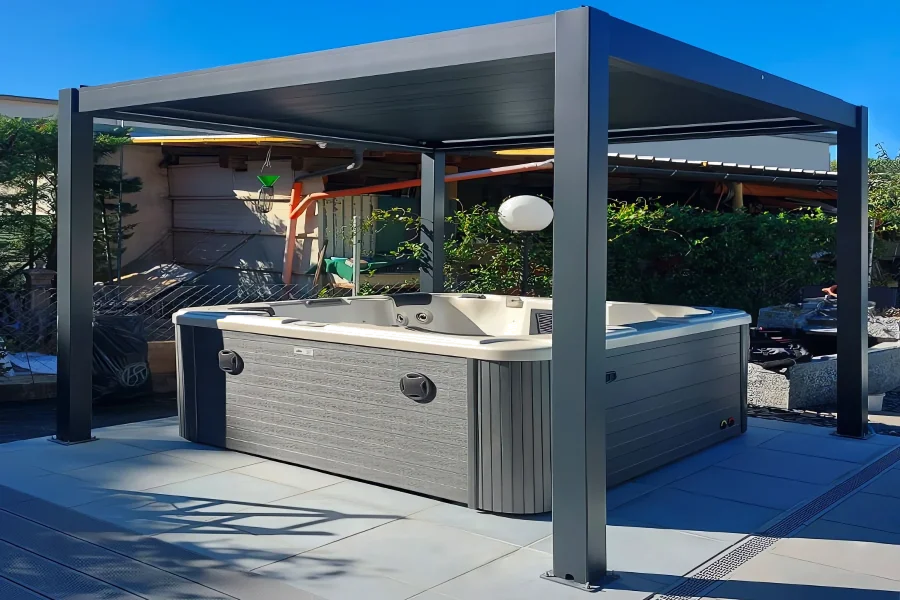 BL-909 Anthracite Grey Bioclimatic Pergola Hot Tub Daytime