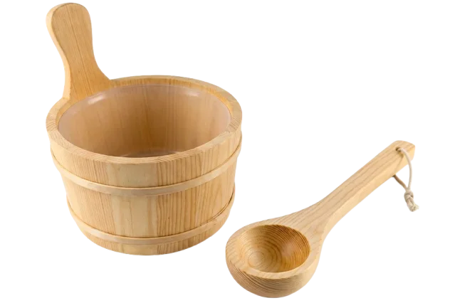 Wooden bucket and spoon